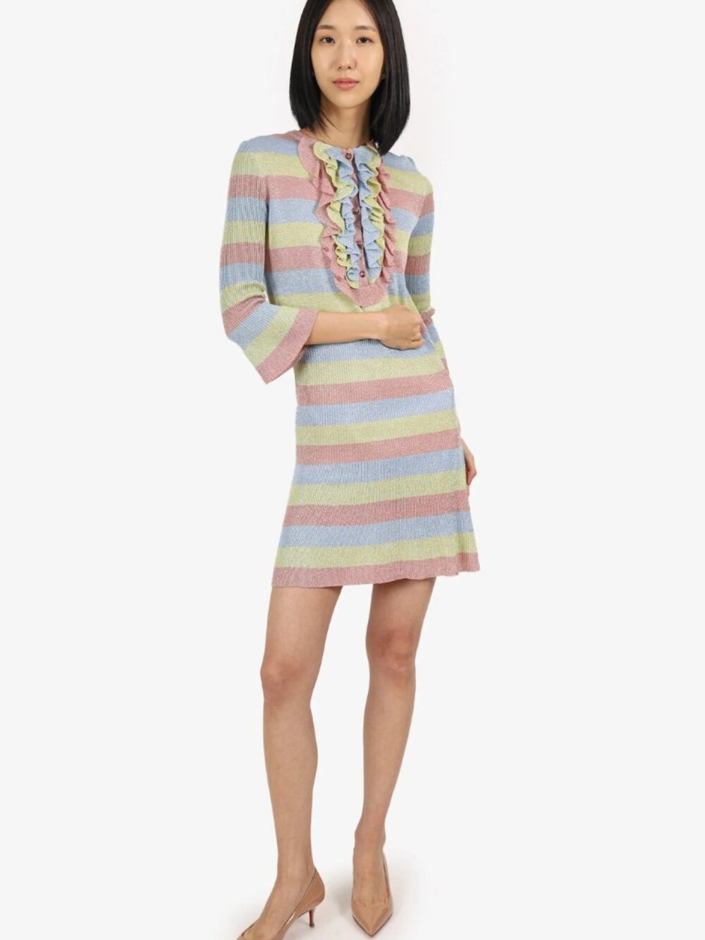BOUTIQUE MOSCHINO Knit Pastel Striped Ruffled Shimmering Designer Mini Dress 6